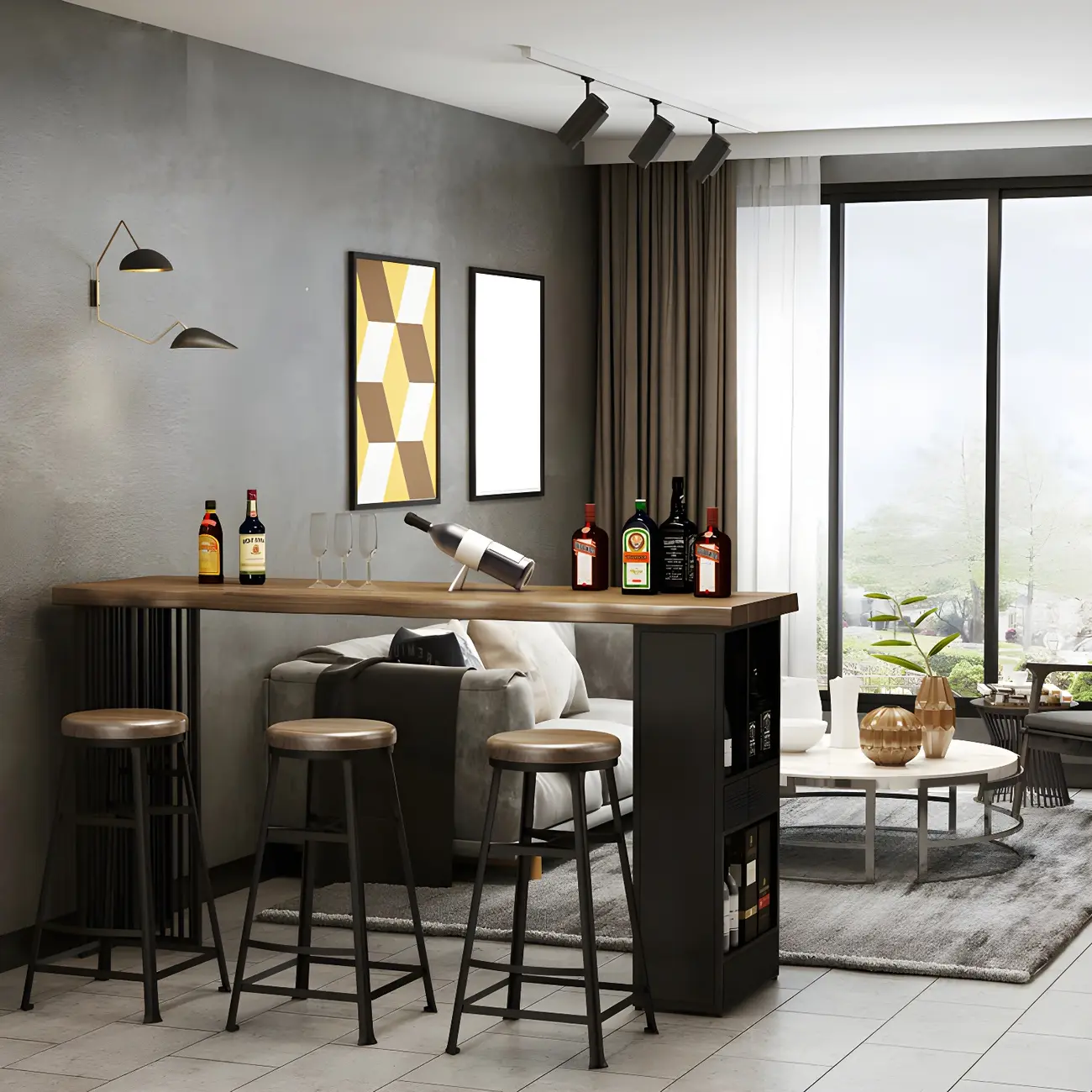 Modern Brown Gold Wooden Iron Storage Bar Tables Image - 1 | homeyfad