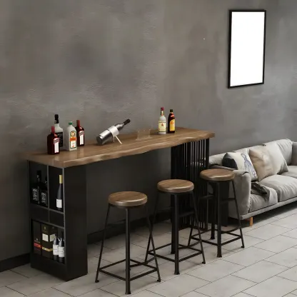 Modern Brown Gold Wooden Iron Storage Bar Tables Image - 2