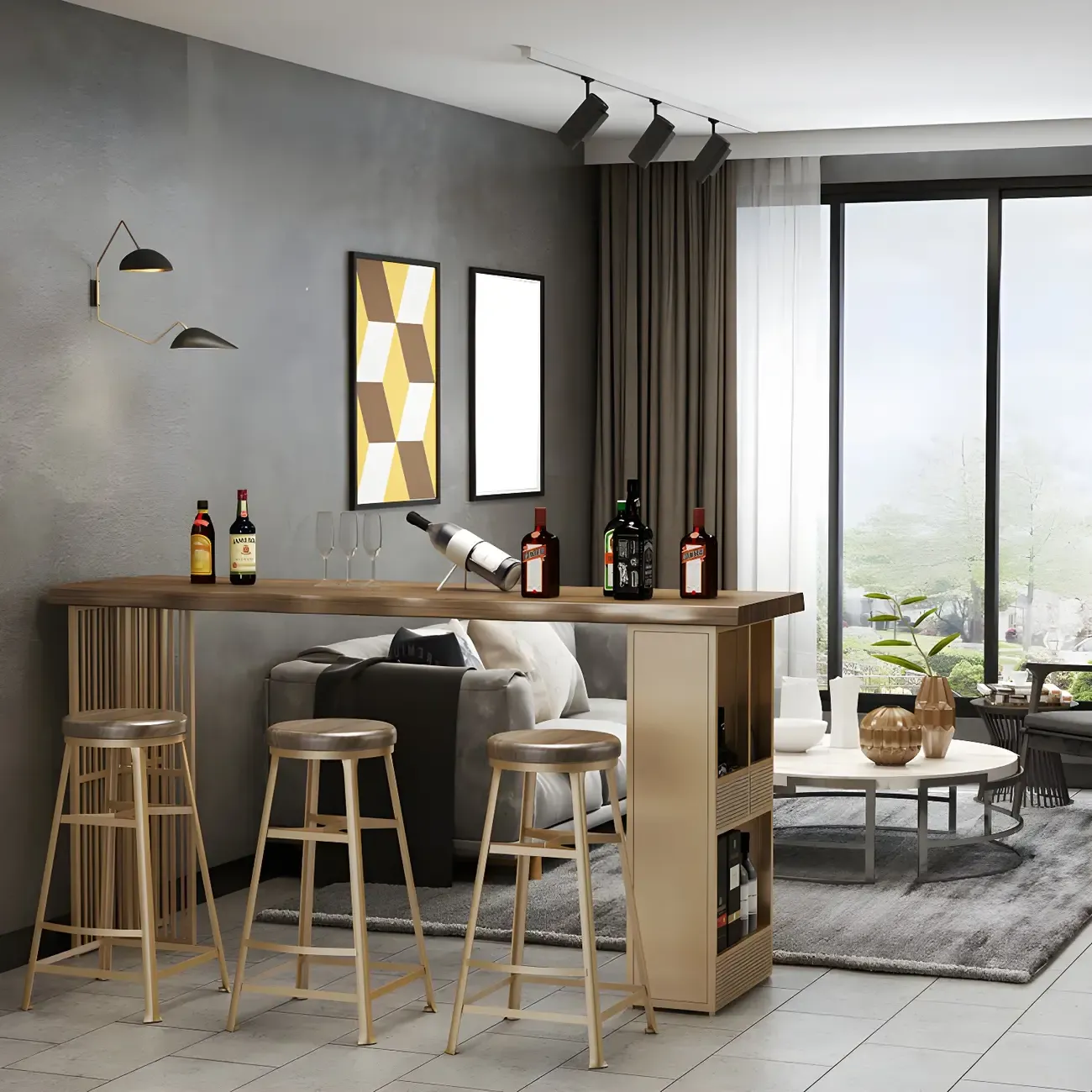 Modern Brown Gold Wooden Iron Storage Bar Tables Image - 3