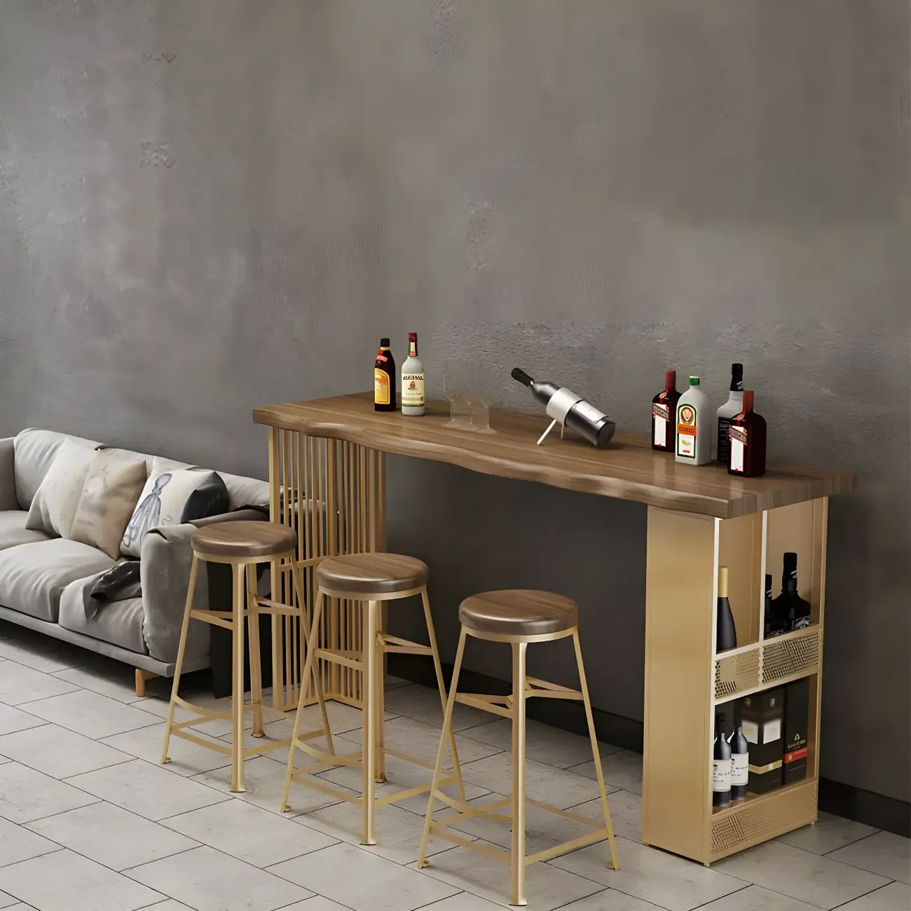 Modern Brown Gold Wooden Iron Storage Bar Tables Image - 4