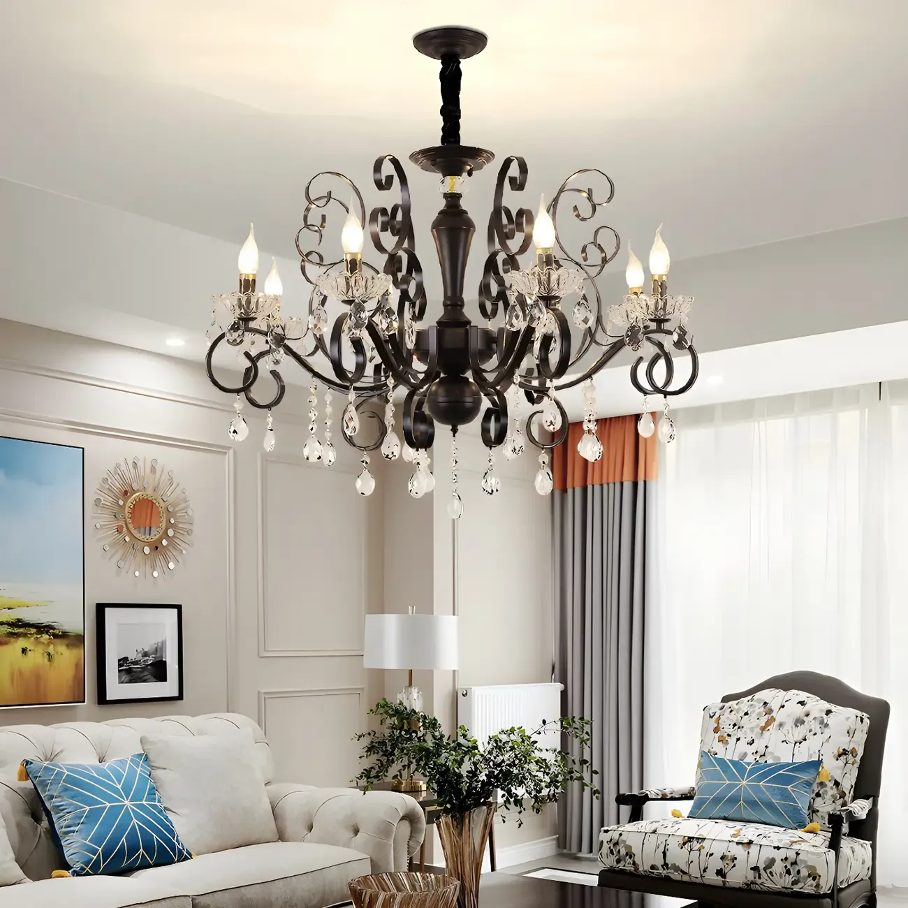 Black Crystal Chandelier with Glass Beads, Classic Design Image - 2