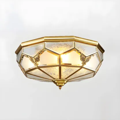 Brass Glass Colonial Flush Ceiling Light Dome-Shaped Image - 8
