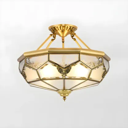 Brass Glass Colonial Flush Ceiling Light Dome-Shaped Image - 9