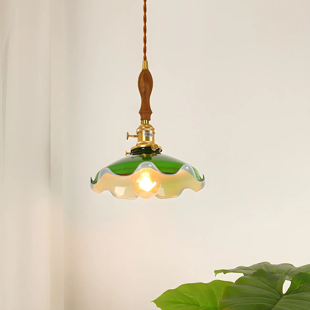 Vintage Green Glass Brass Rope Pendant Light Adjustable Image - 2 | homeyfad