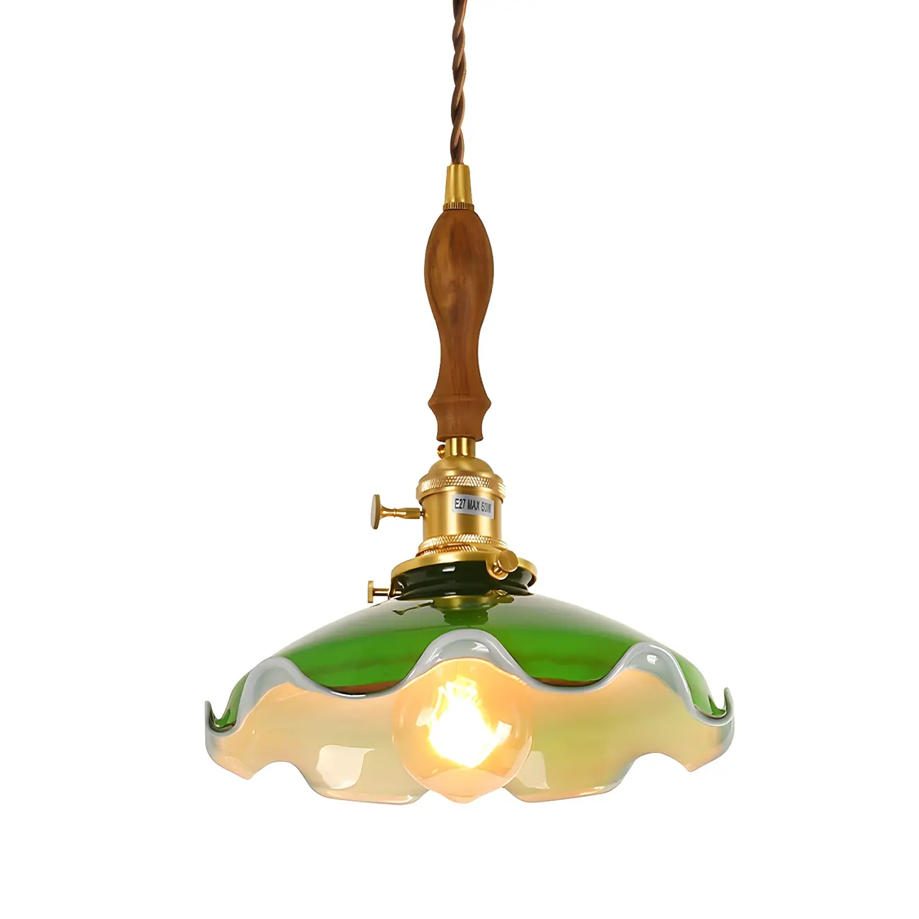 Vintage Green Glass Brass Rope Pendant Light Adjustable Image - 7 | homeyfad