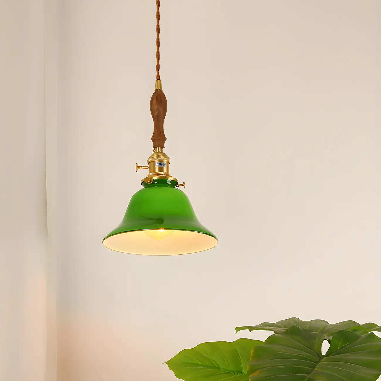 Vintage Green Glass Brass Rope Pendant Light Adjustable Image - 3 | homeyfad