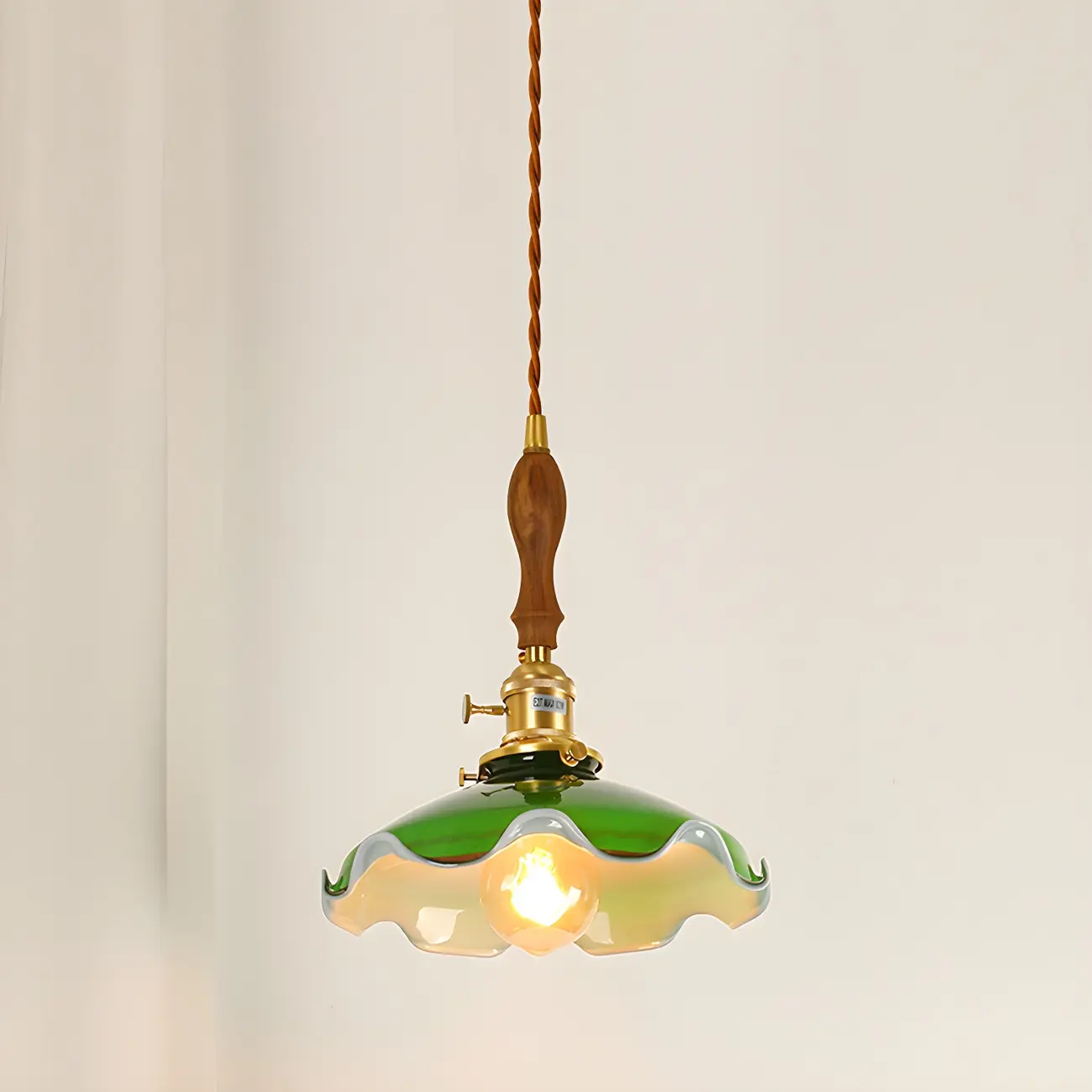 Vintage Green Glass Brass Rope Pendant Light Adjustable Image - 14 | homeyfad