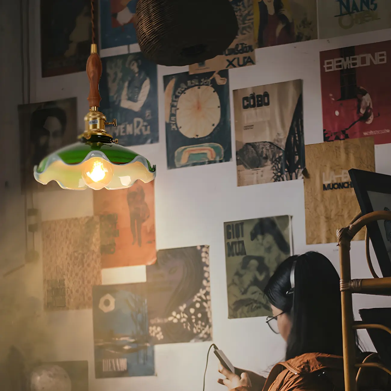 Vintage Green Glass Brass Rope Pendant Light Adjustable Image - 19 | homeyfad