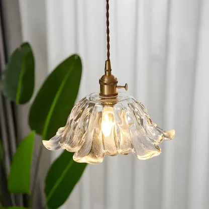 Art Deco Vintage Flower Glass Brass Hanging Pendant Light Image - 2