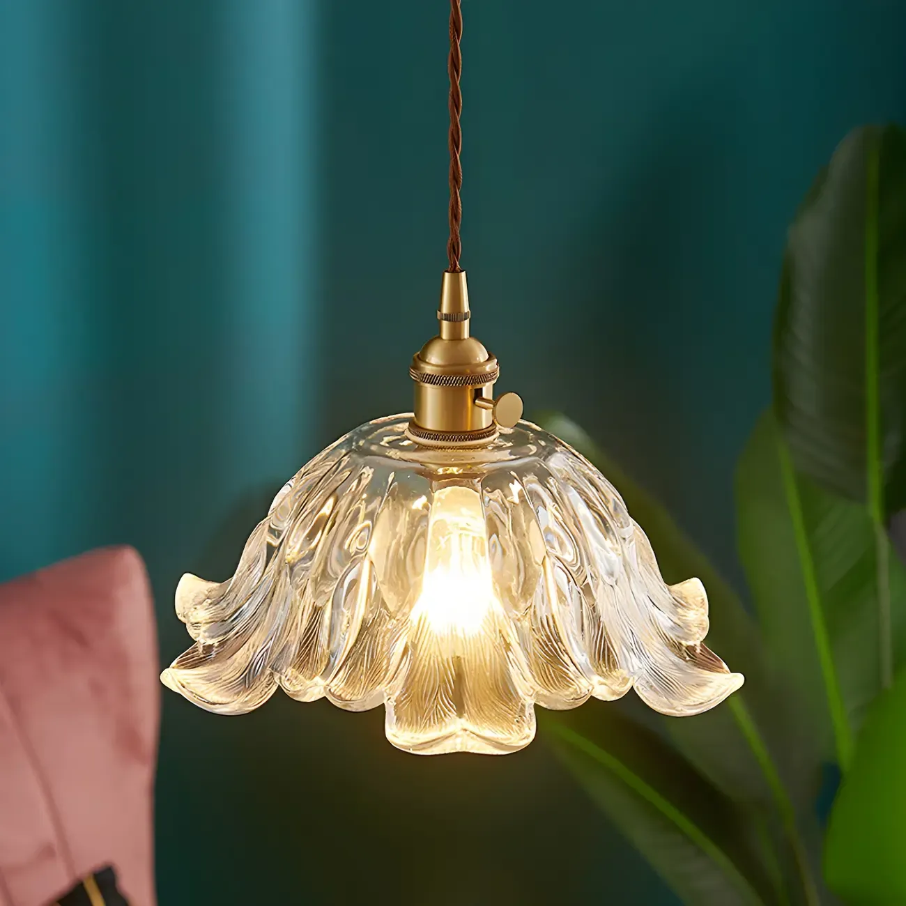 Art Deco Vintage Flower Glass Brass Hanging Pendant Light Image - 3