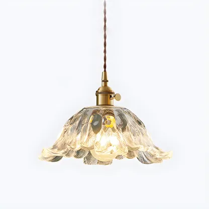 Art Deco Vintage Flower Glass Brass Hanging Pendant Light Image - 6