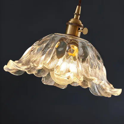 Art Deco Vintage Flower Glass Brass Hanging Pendant Light Image - 10