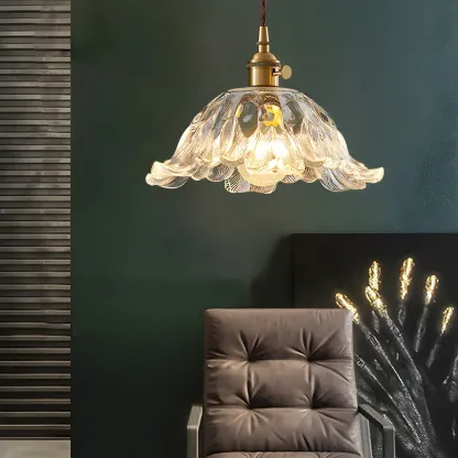 Art Deco Vintage Flower Glass Brass Hanging Pendant Light Image - 12