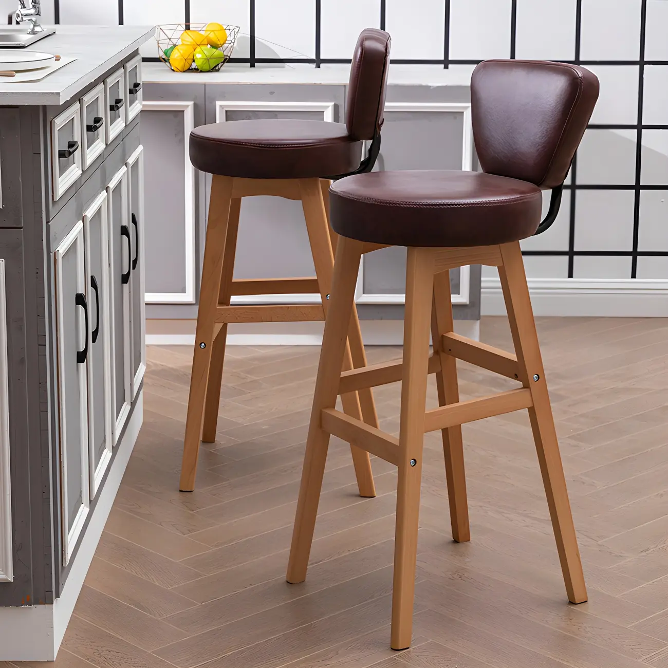 Brown Round Leather Counter Height Bar Stools Image - 1 | homeyfad