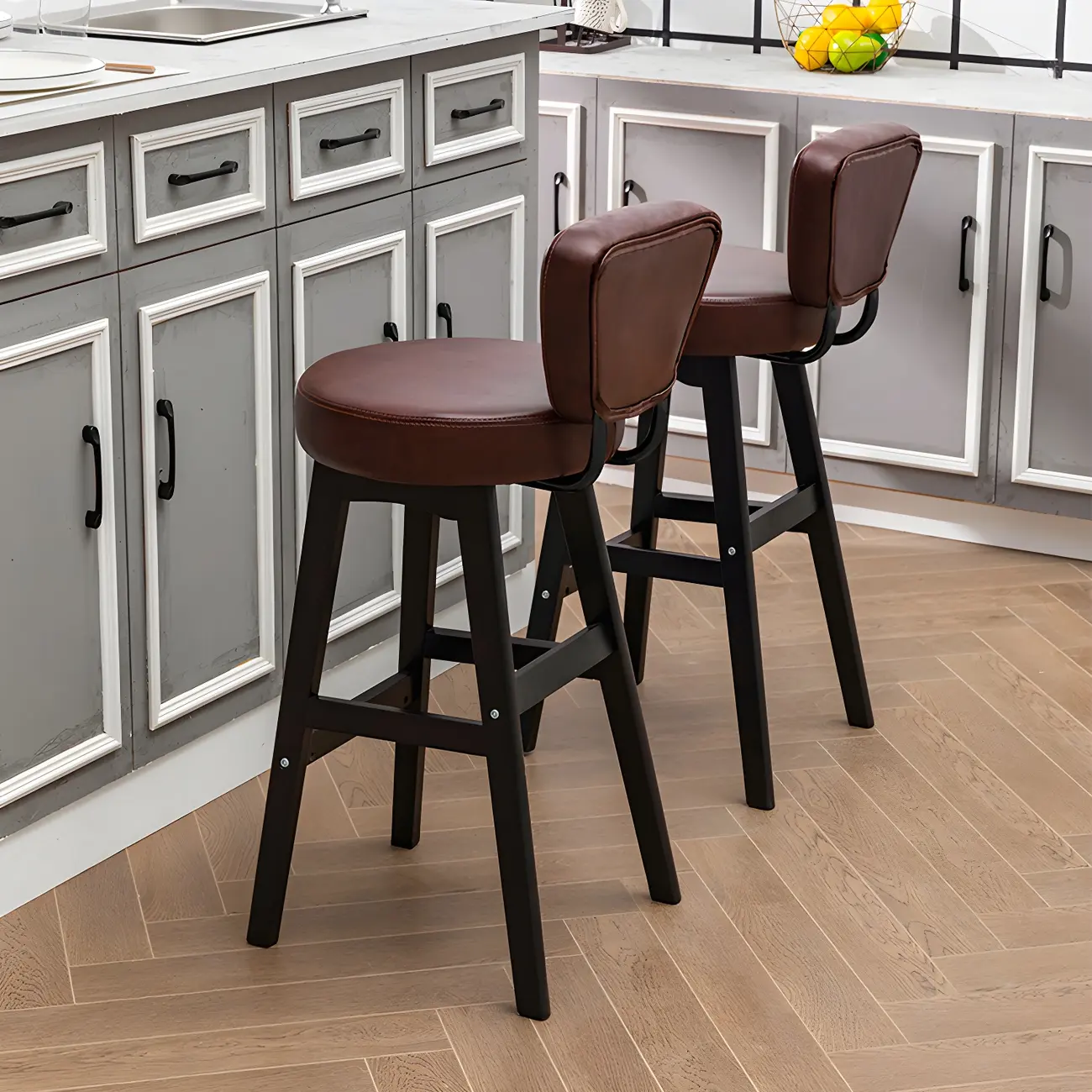 Brown Round Leather Counter Height Bar Stools Image - 2 | homeyfad
