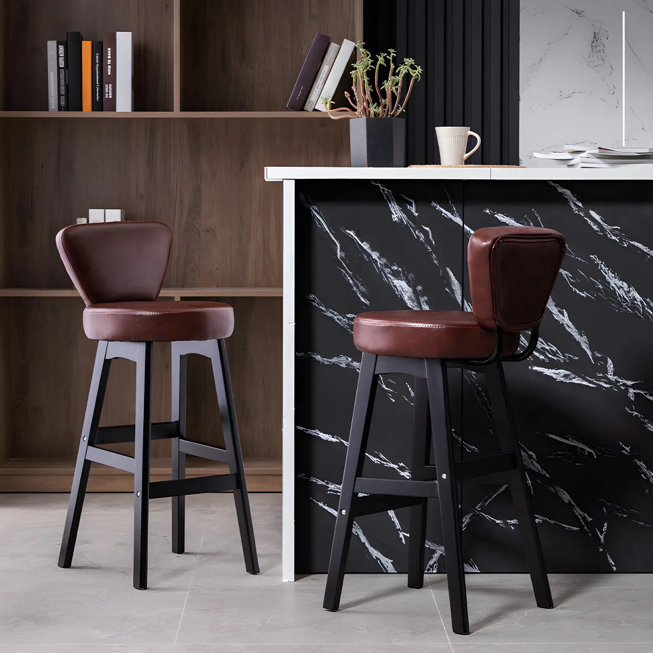Brown Round Leather Counter Height Bar Stools Image - 3 | homeyfad