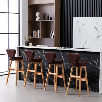 Brown Round Leather Counter Height Bar Stools Image - 7