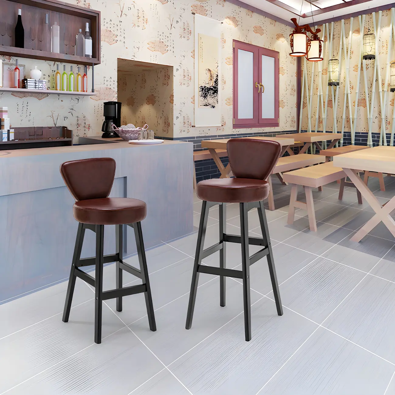 Brown Round Leather Counter Height Bar Stools Image - 19 | homeyfad