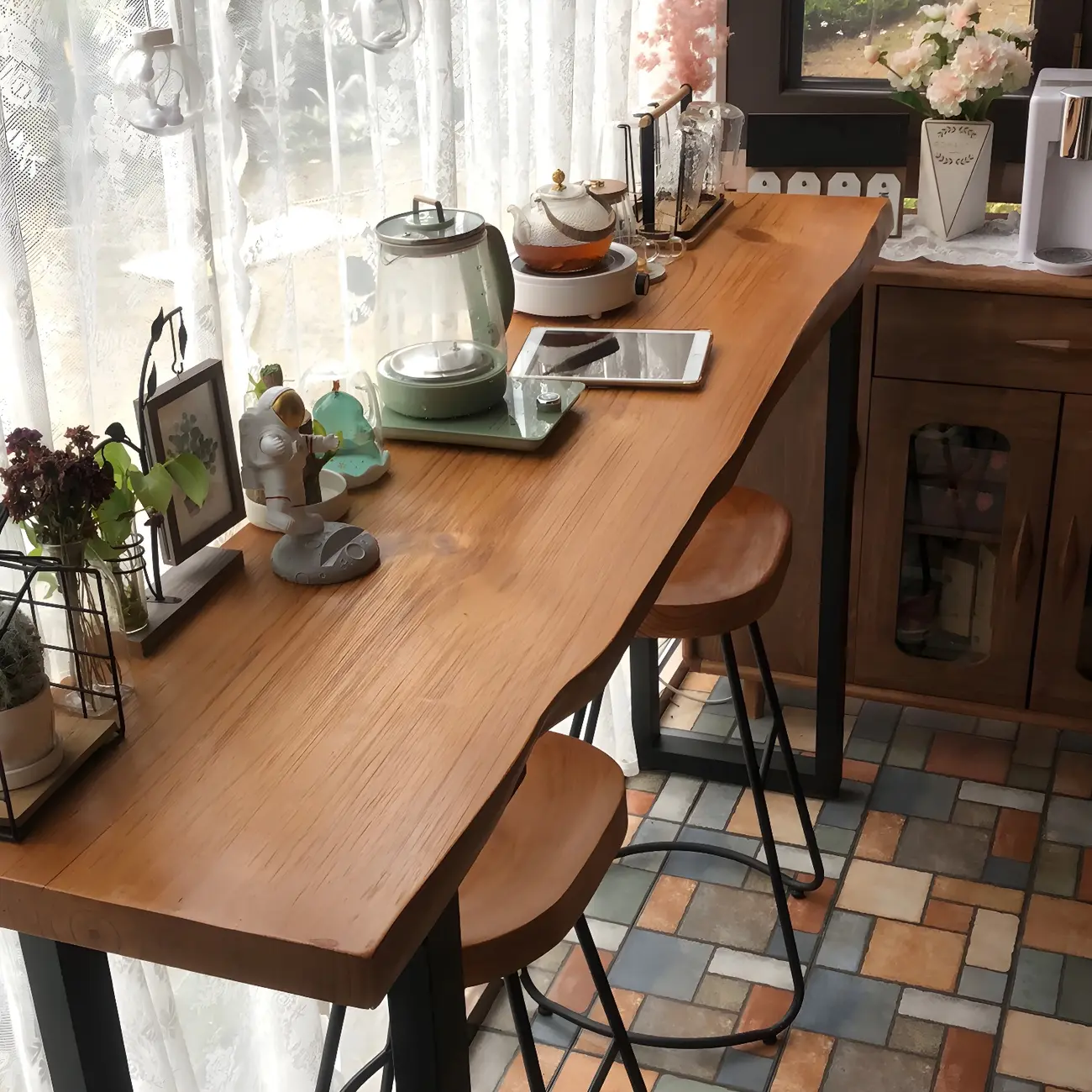 Modern Brown Wood Iron Sled Bar Table for Pub Image - 2 | homeyfad