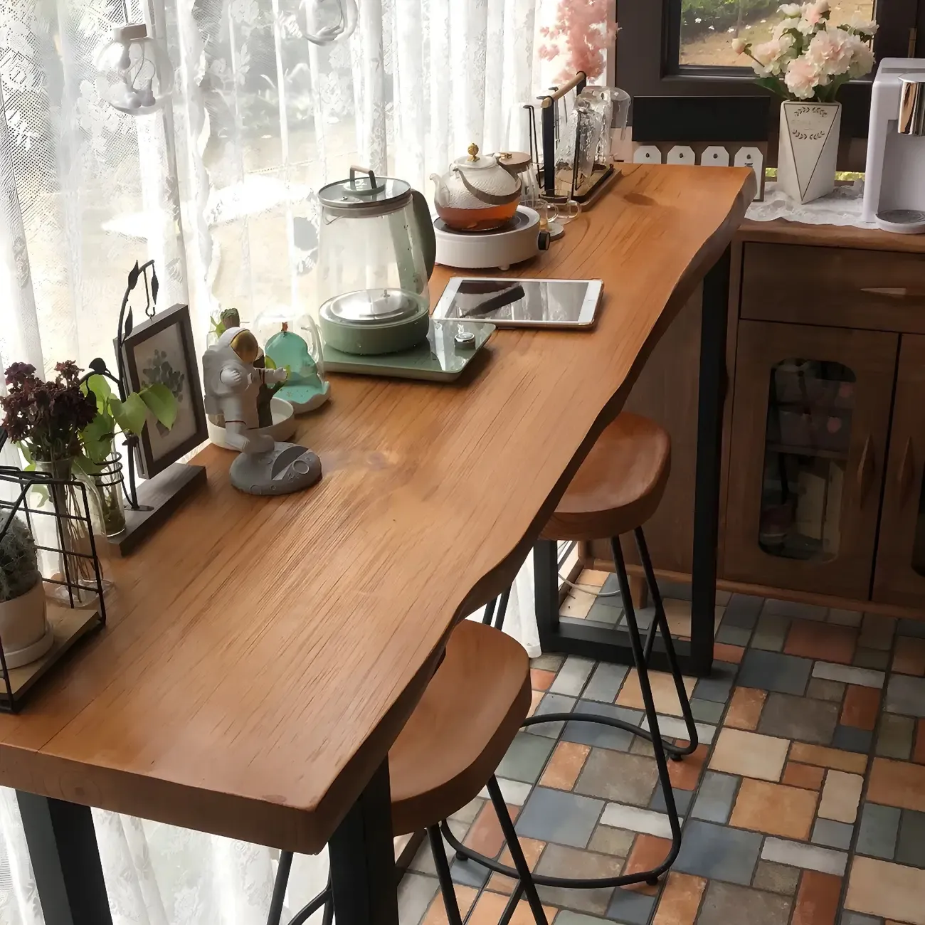 Modern Brown Wood Iron Sled Bar Table for Pub Image - 2