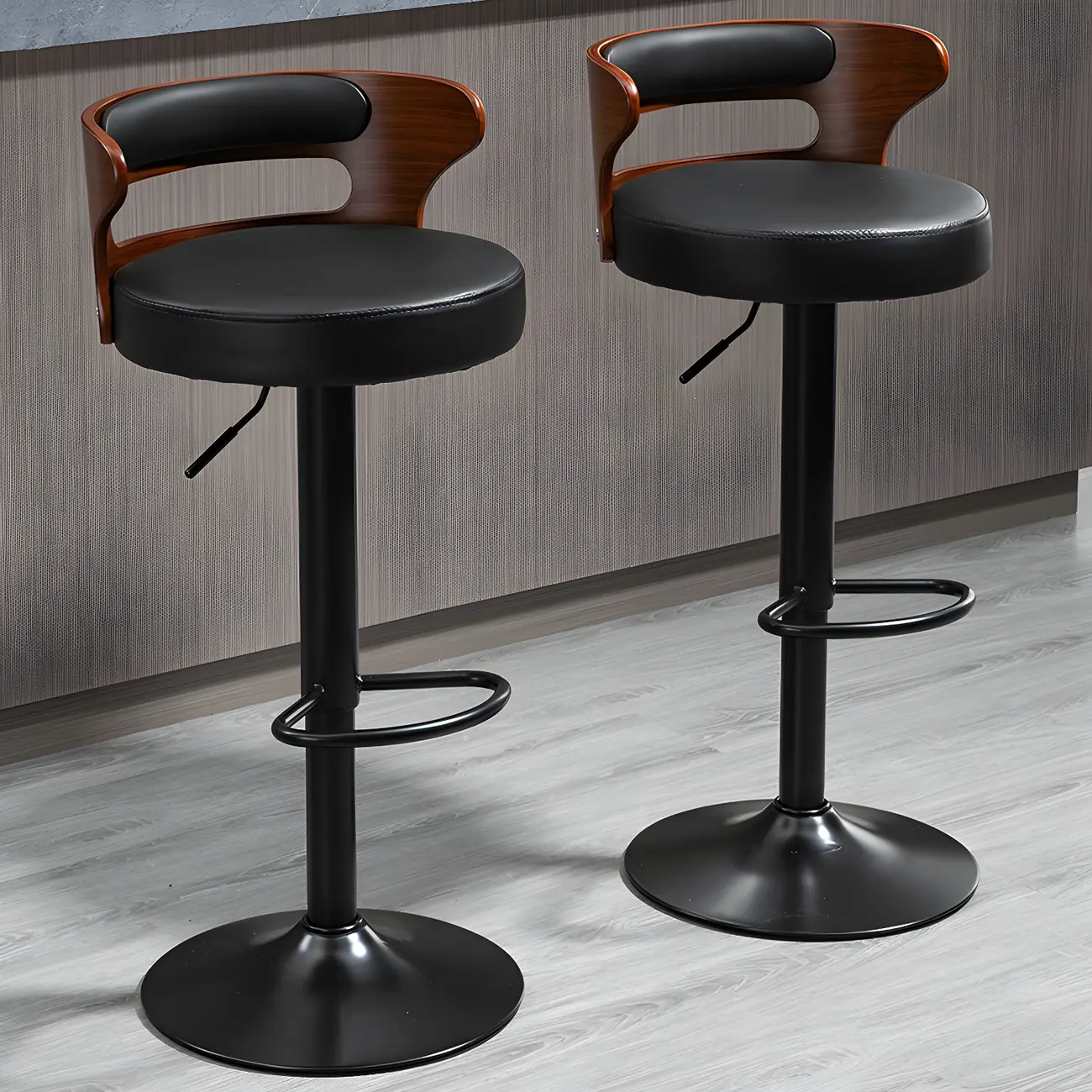 Adjustable Round Leather Swivel Bar Stools with Back Image - 1 | homeyfad