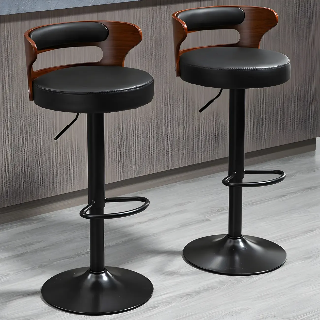 Adjustable Round Leather Swivel Bar Stools with Back Image - 1