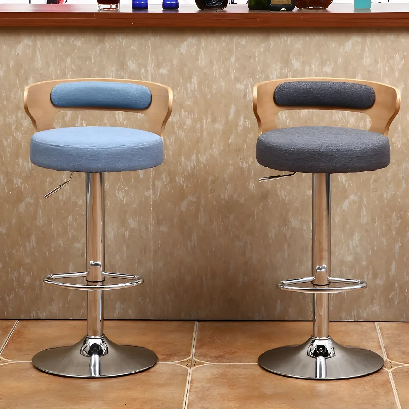 Adjustable Round Leather Swivel Bar Stools with Back Image - 2