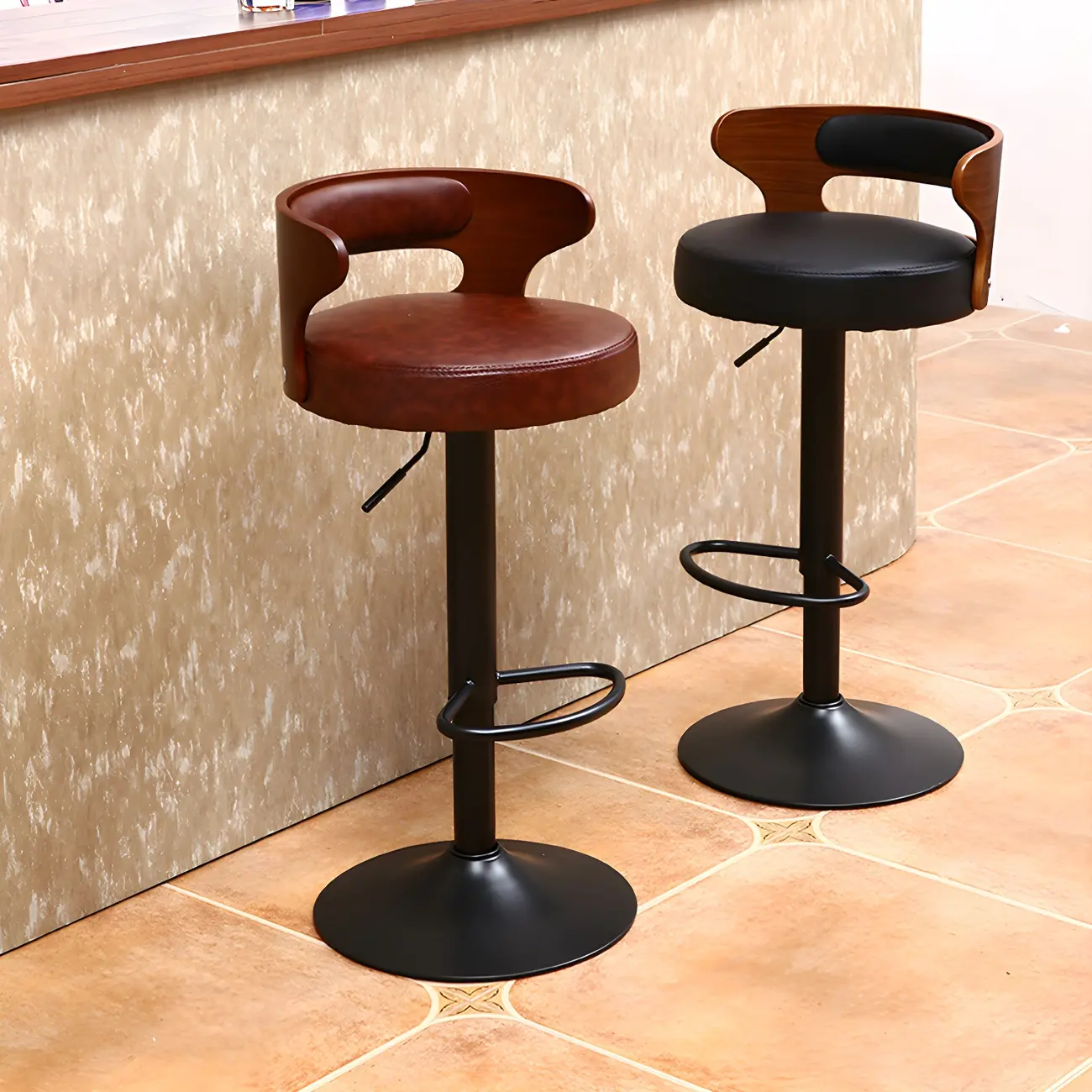 Adjustable Round Leather Swivel Bar Stools with Back Image - 5 | homeyfad