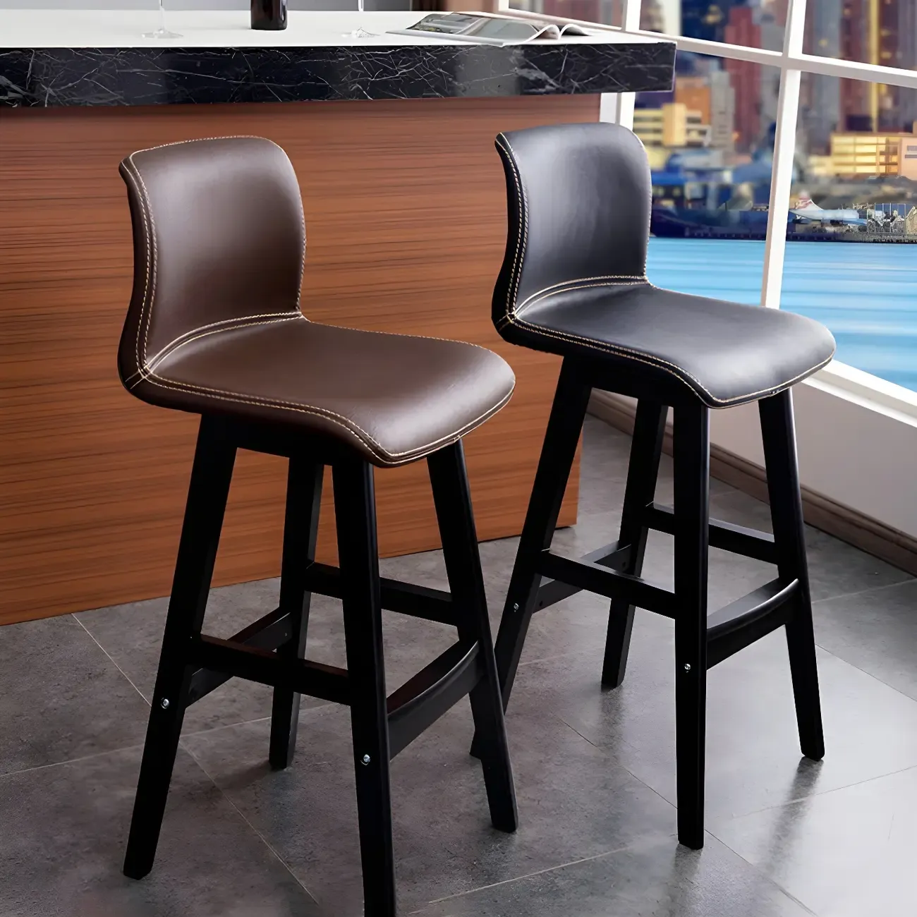 Square Leather Low Back Bar Stools with Footrest Image - 1