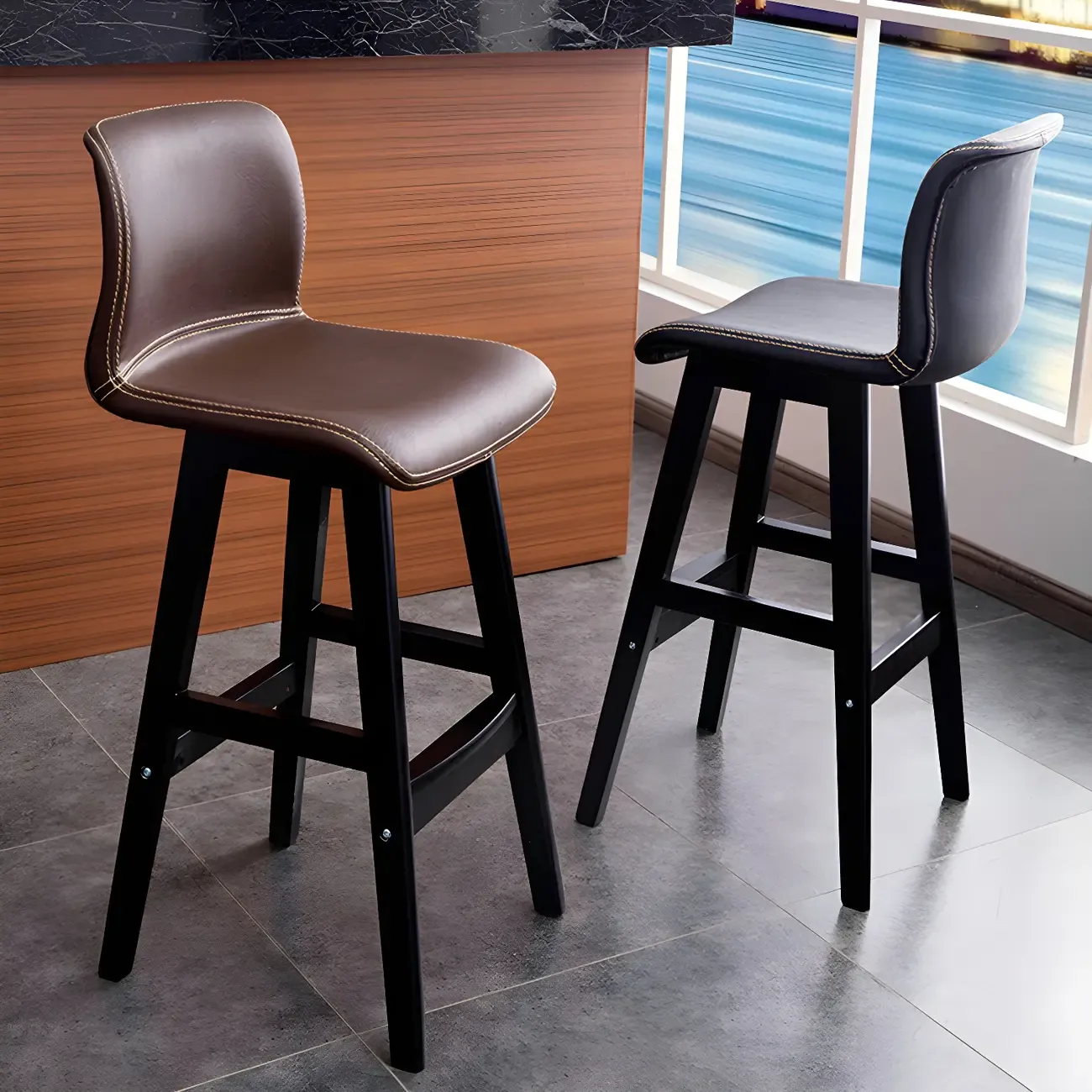 Square Leather Low Back Bar Stools with Footrest Image - 3