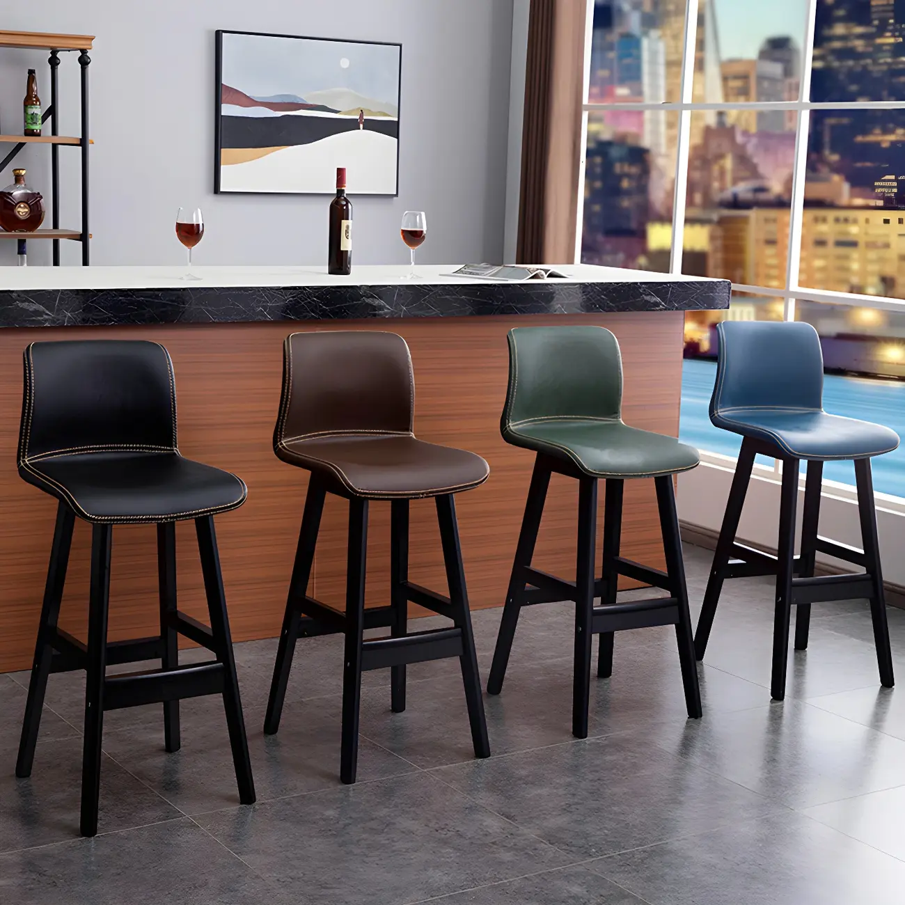 Square Leather Low Back Bar Stools with Footrest Image - 4 | homeyfad