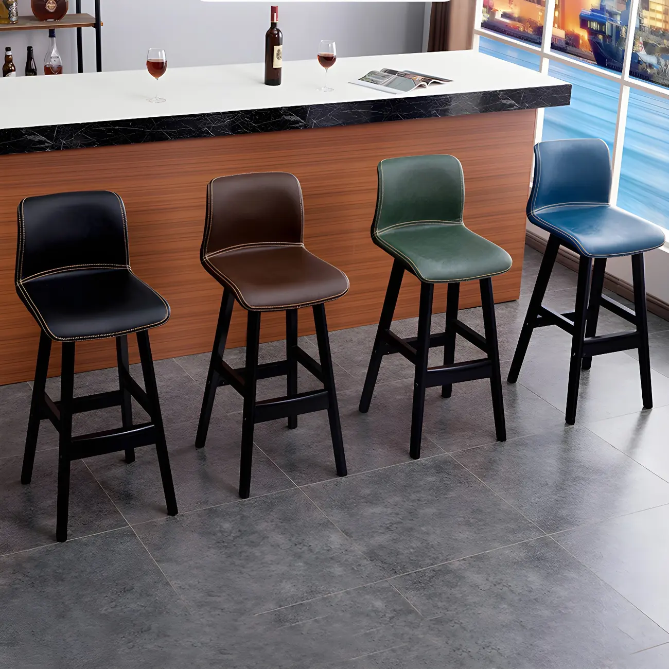 Square Leather Low Back Bar Stools with Footrest Image - 6 | homeyfad