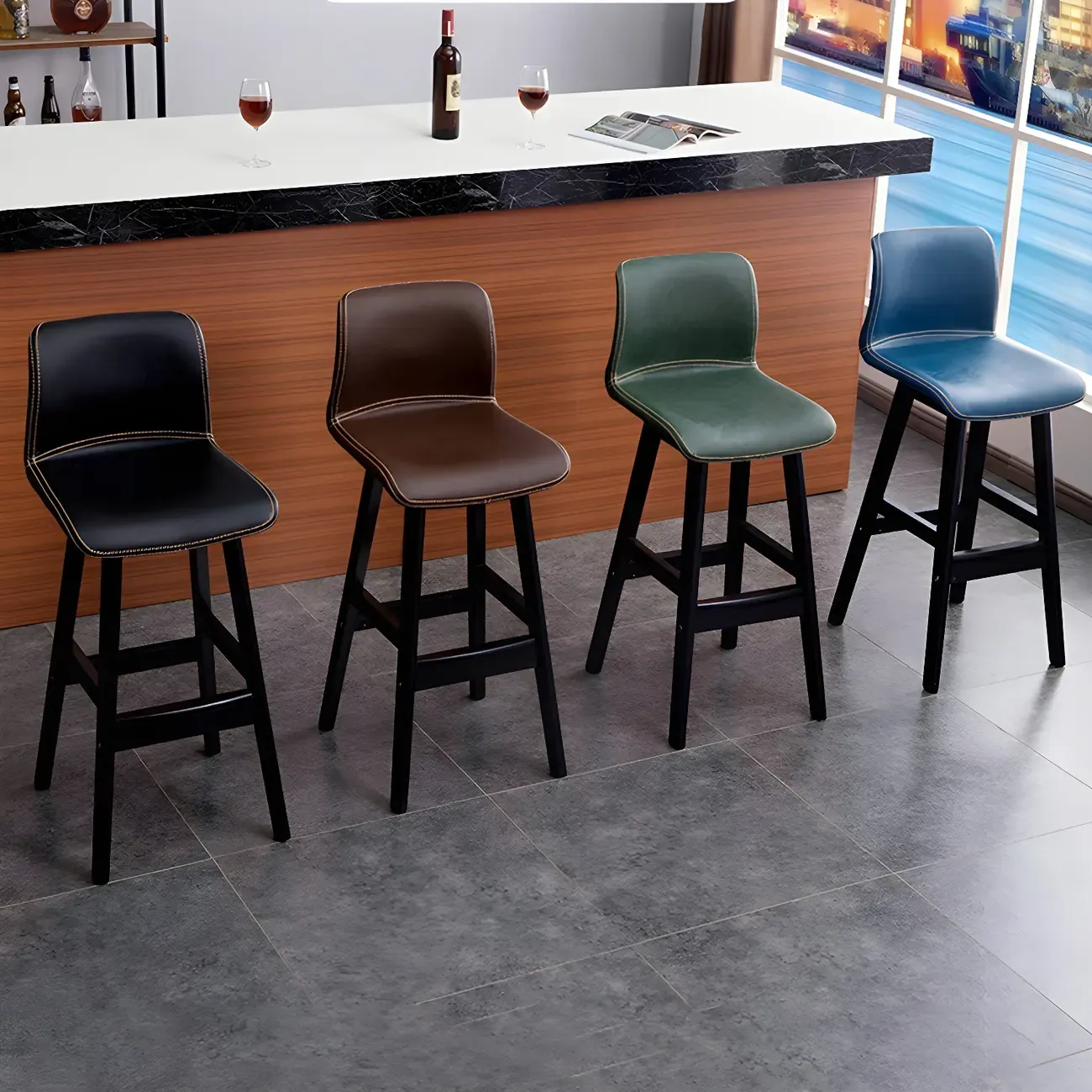 Square Leather Low Back Bar Stools with Footrest Image - 6