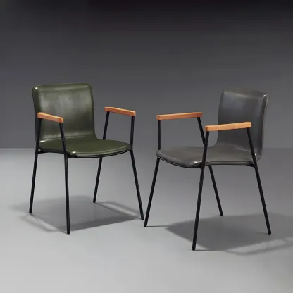 Leather Metal Legs Armrest Backrest Dining Chair Image - 1