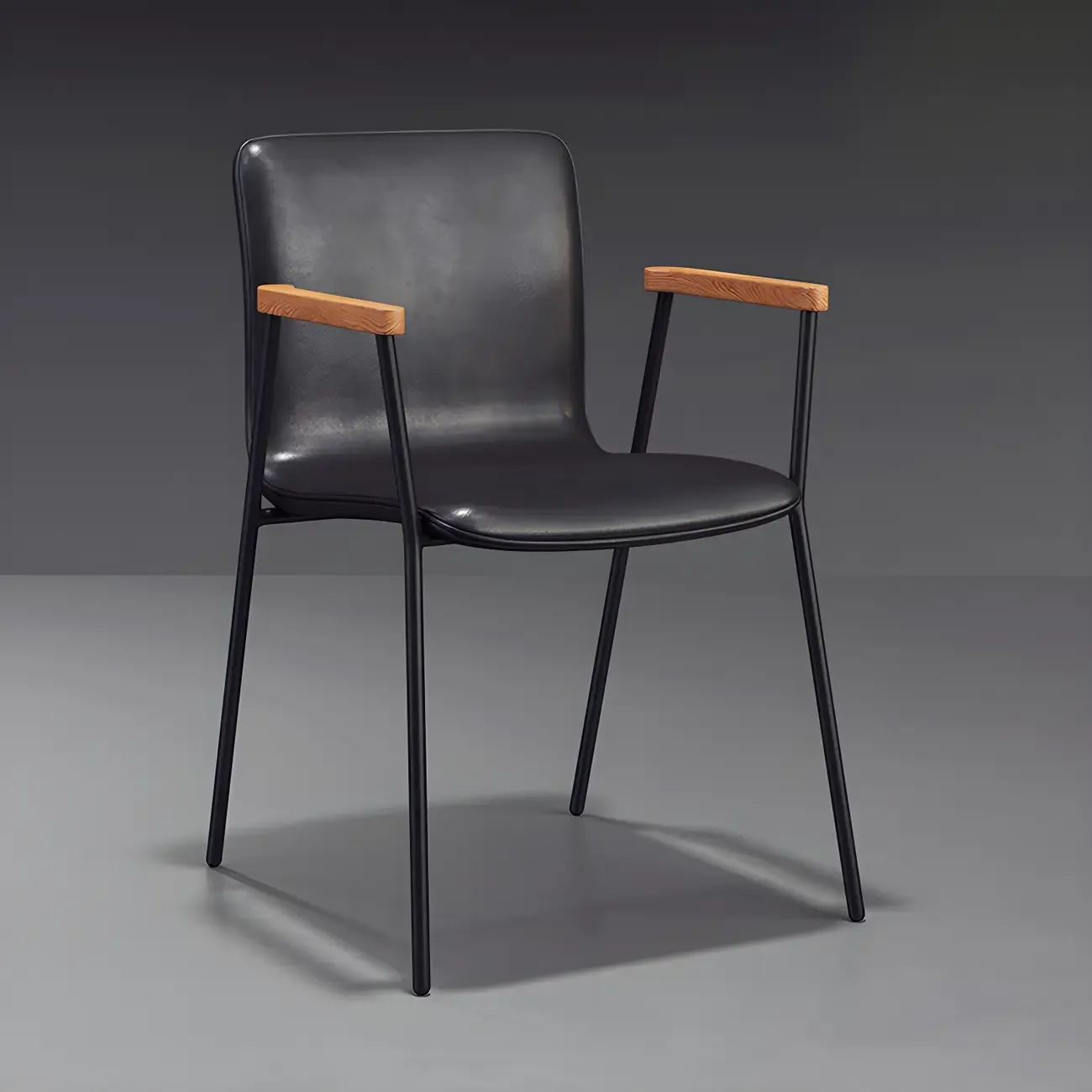 Leather Metal Legs Armrest Backrest Dining Chair Image - 2