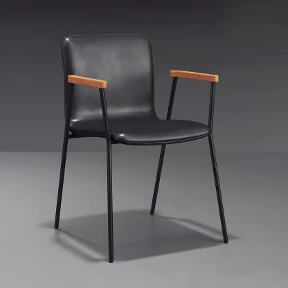 Leather Metal Legs Armrest Backrest Dining Chair Image - 2