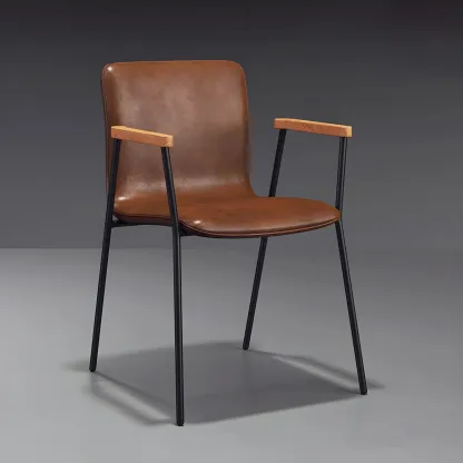 Leather Metal Legs Armrest Backrest Dining Chair Image - 13