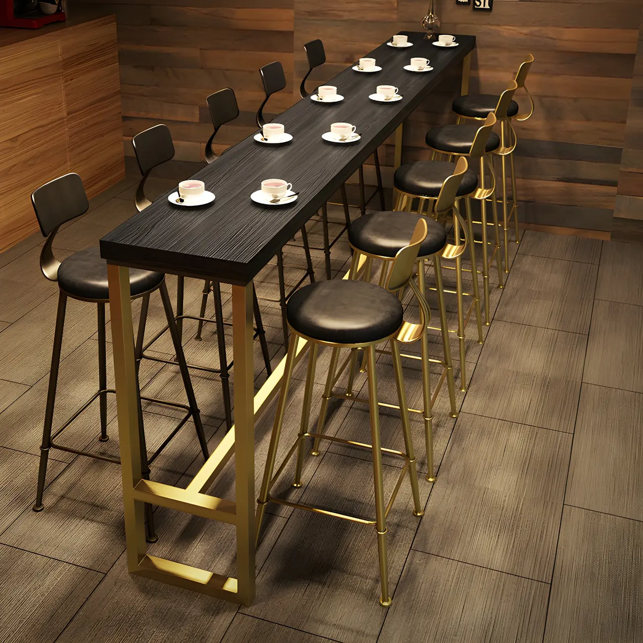 Black Gold Glam Metal Pine Wood Bar Tables with Footrest Image - 1 | homeyfad
