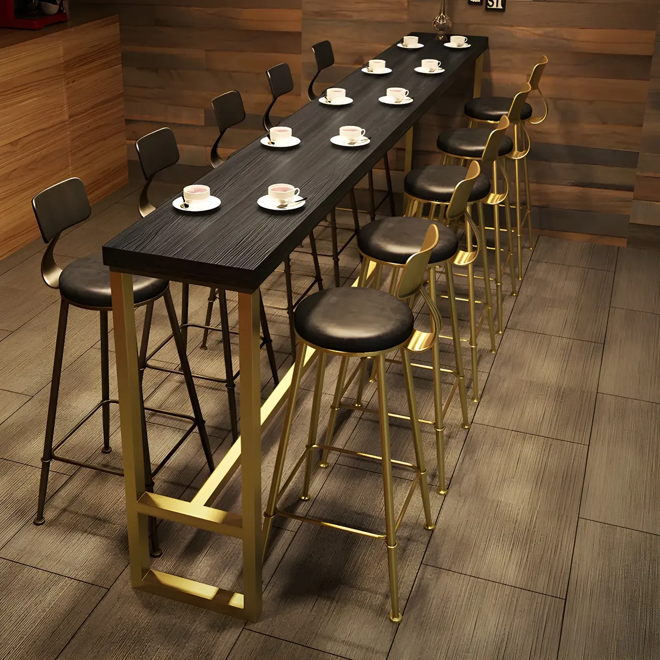 Black Gold Glam Metal Pine Wood Bar Tables with Footrest Image - 1