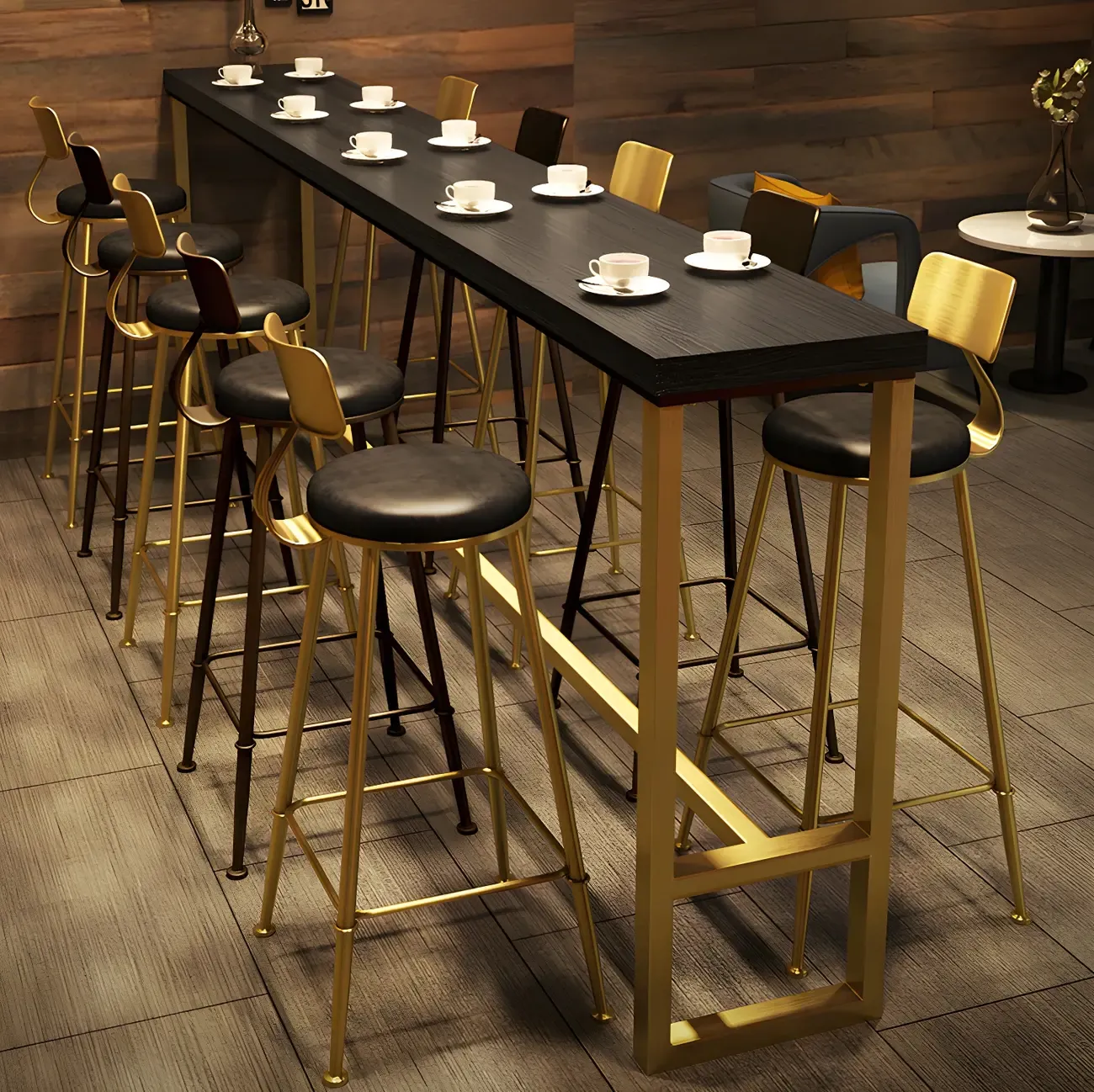 Black Gold Glam Metal Pine Wood Bar Tables with Footrest Image - 2