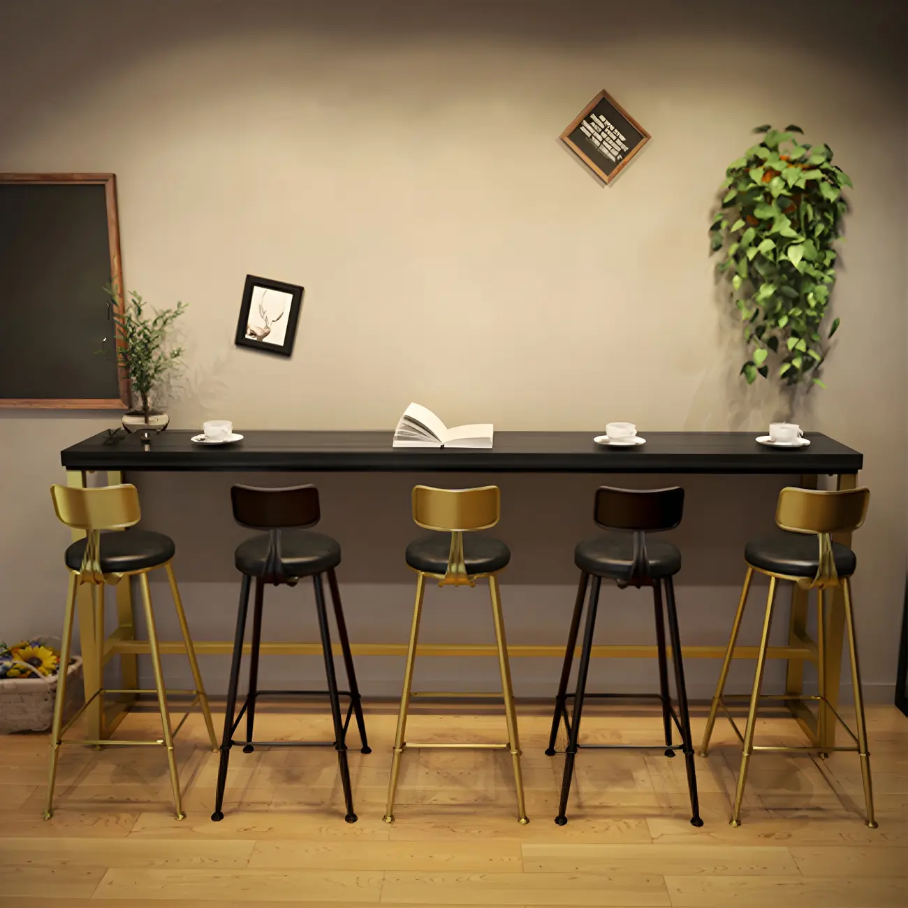 Black Gold Glam Metal Pine Wood Bar Tables with Footrest Image - 3 | homeyfad