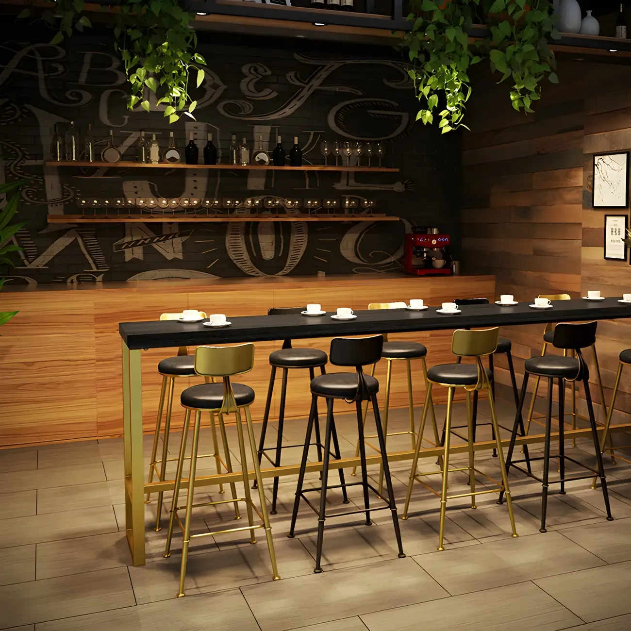 Black Gold Glam Metal Pine Wood Bar Tables with Footrest Image - 4