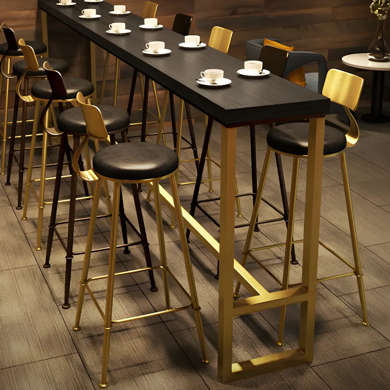 Black Gold Glam Metal Pine Wood Bar Tables with Footrest Image - 6
