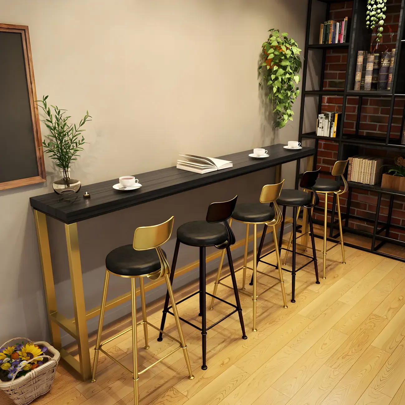 Black Gold Glam Metal Pine Wood Bar Tables with Footrest Image - 7