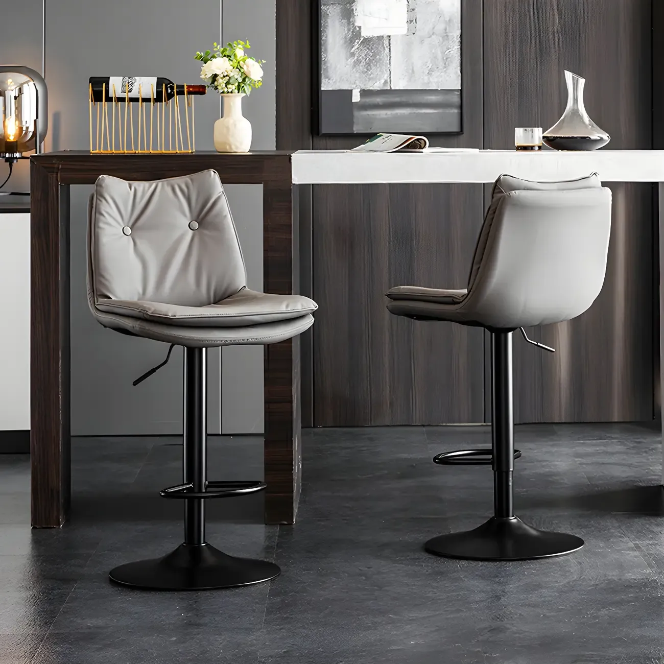 Contemporary Leather Swivel Adjustable Bar Stools with Backrest Image - 2