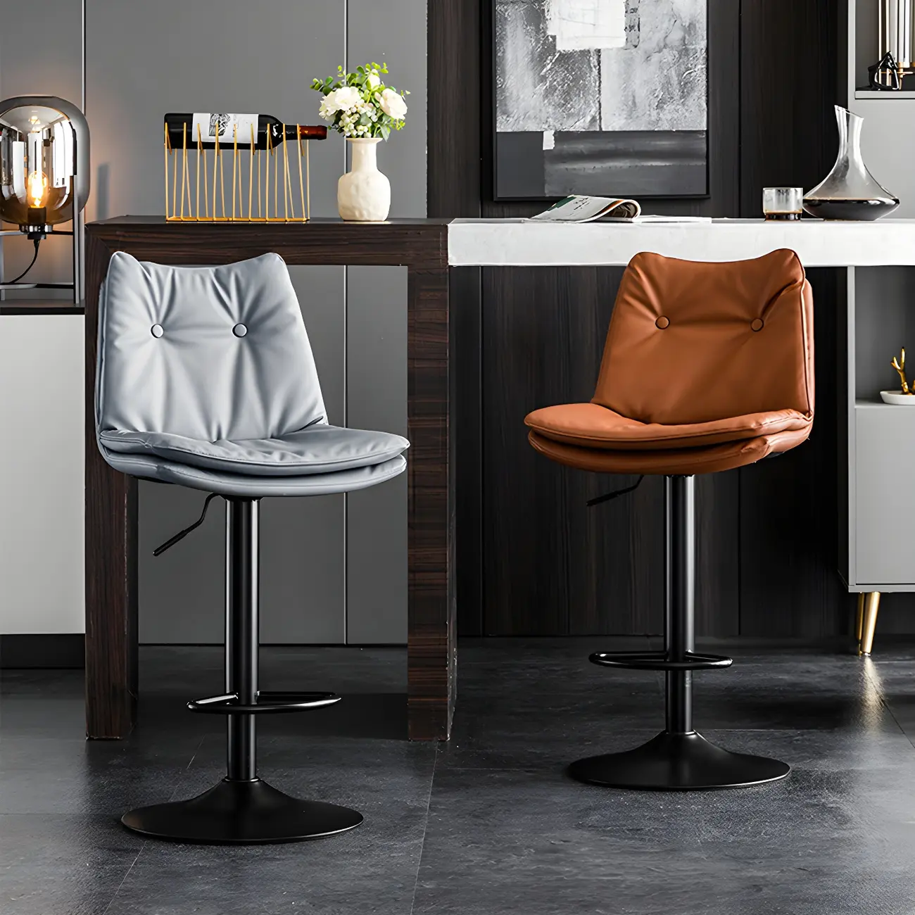 Contemporary Leather Swivel Adjustable Bar Stools with Backrest Image - 1 | homeyfad