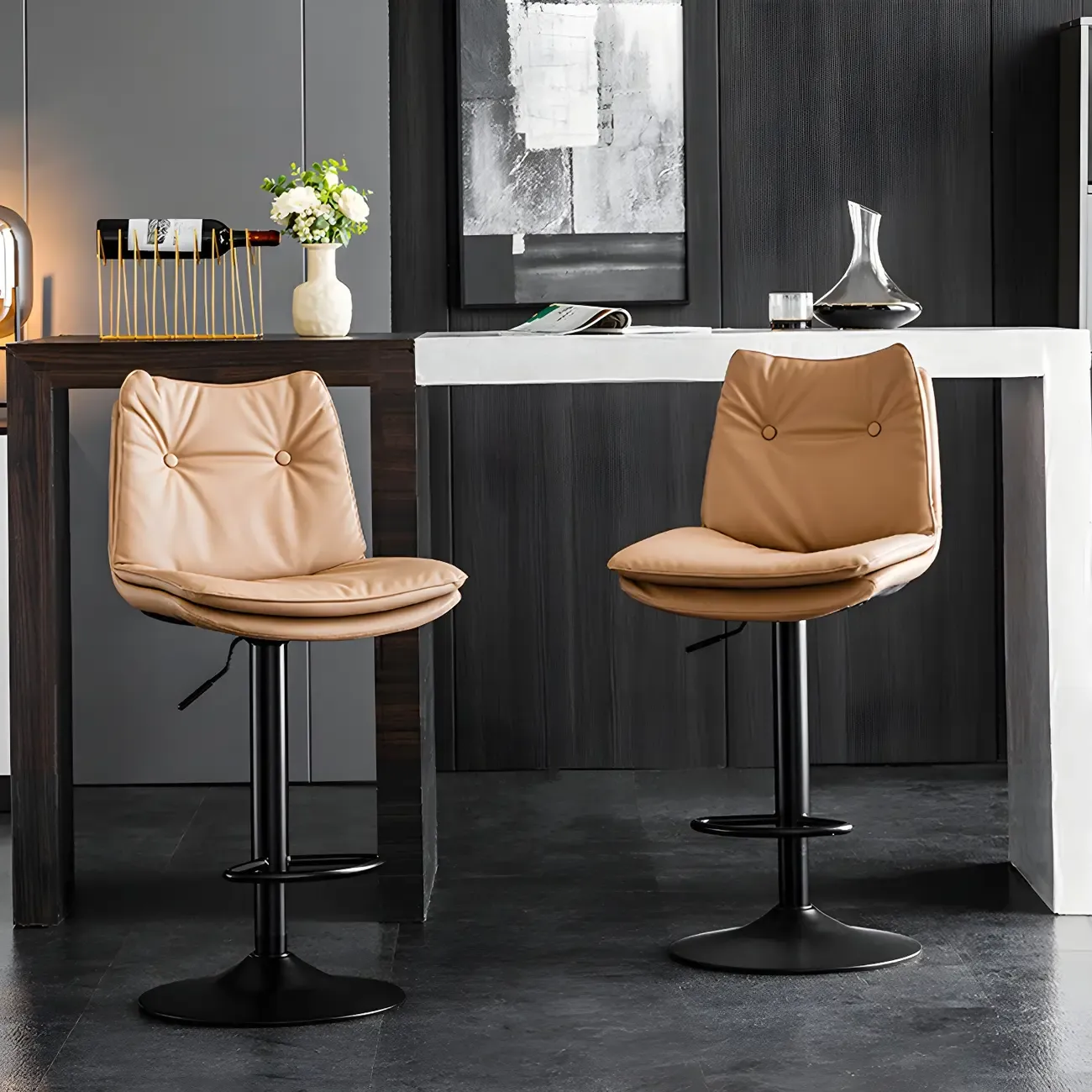 Contemporary Leather Swivel Adjustable Bar Stools with Backrest Image - 3