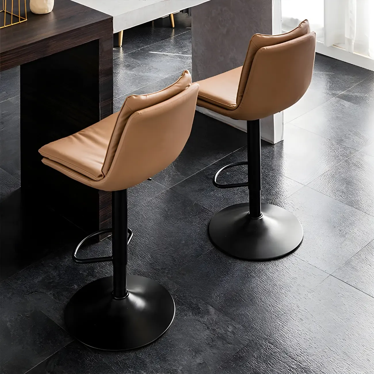 Contemporary Leather Swivel Adjustable Bar Stools with Backrest Image - 21