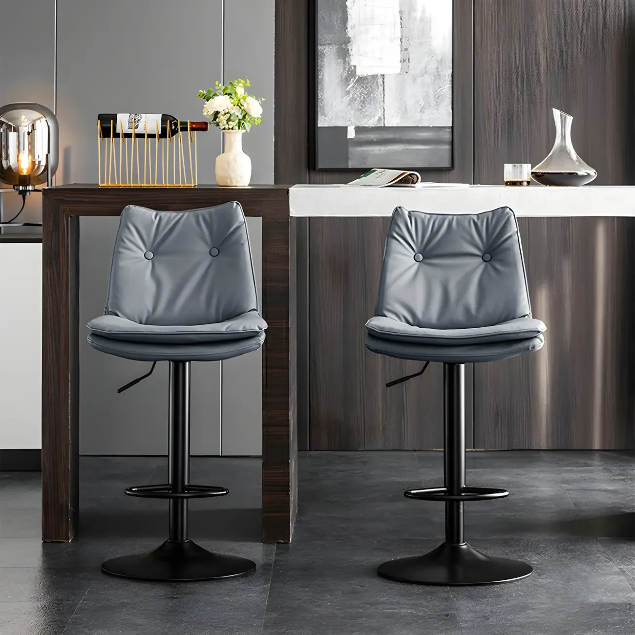 Contemporary Leather Swivel Adjustable Bar Stools with Backrest Image - 23