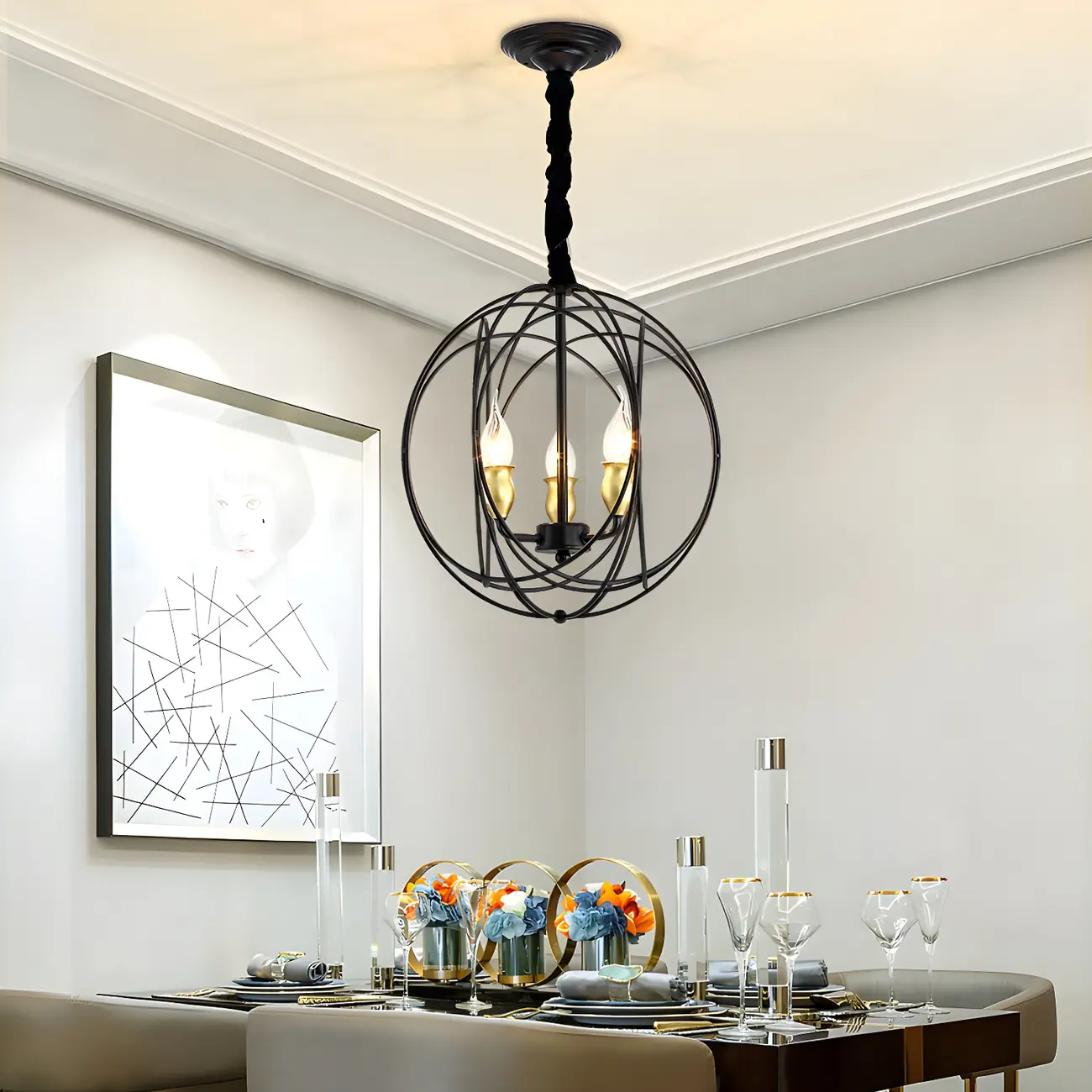 Black Metal Sphere Orb Modern Chandelier Light | homeyfad